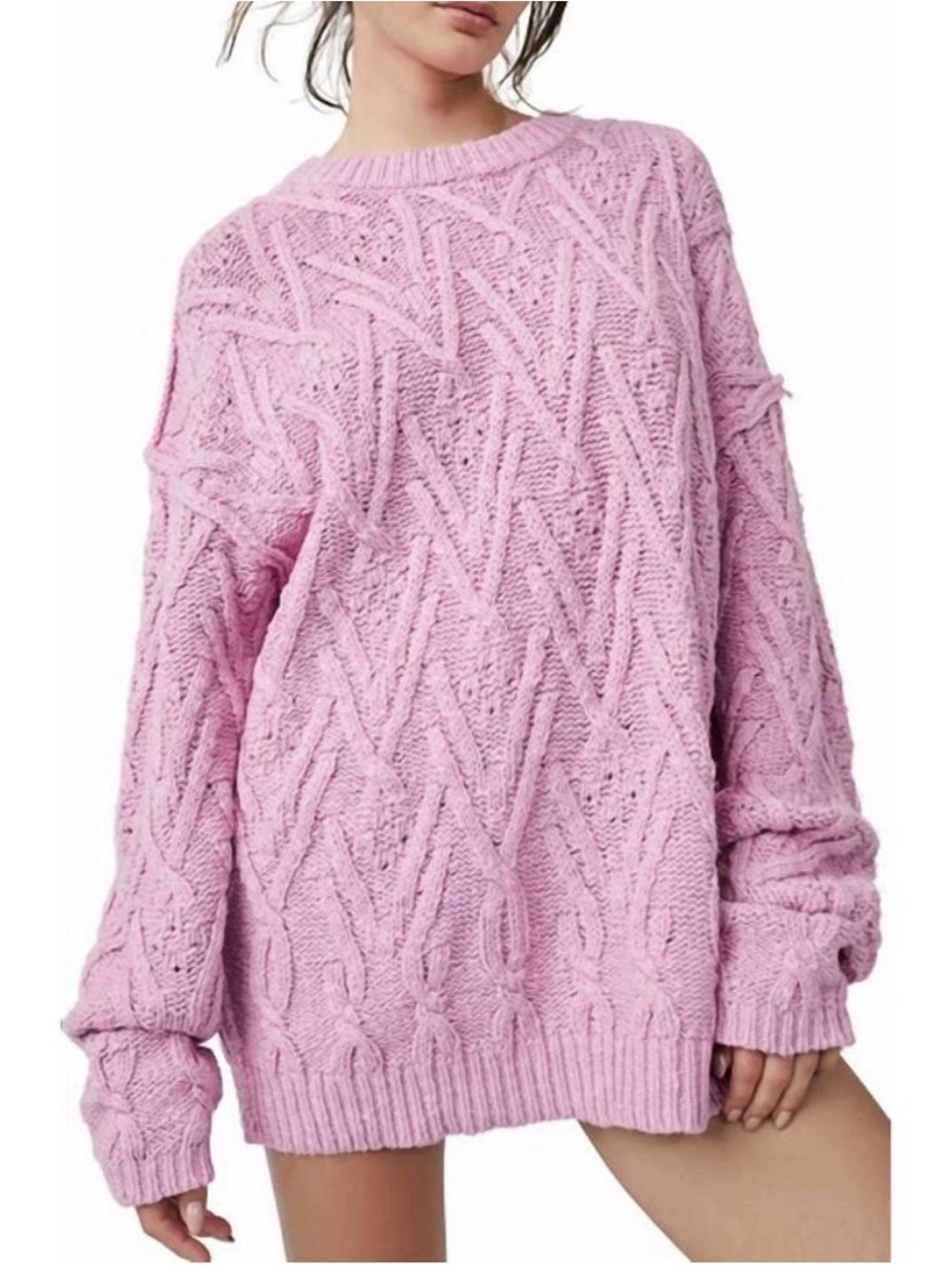 NWT Free People Isla Cable Stitch Tunic Sweater in Pink Frosting - XS